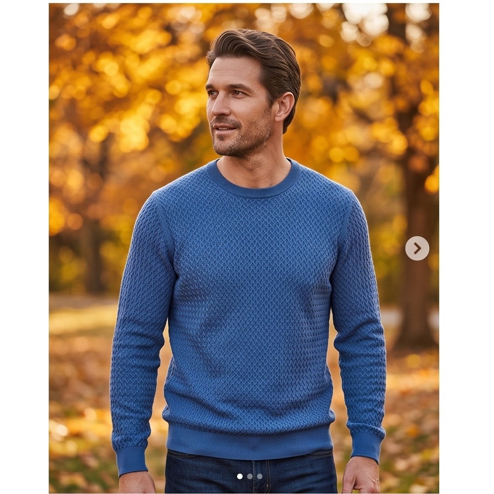 Vintage Tricots St Raphael Mens XL Silk Cotton Blue Cable Knit Crewneck Sweater